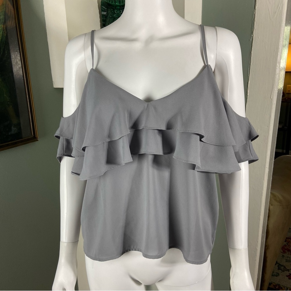 3/$12 Forever 21 Cold Off Shoulder Gray Ruffle Draped Blouse Tank Top Shirt M